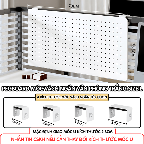 Pegboard móc U vách ngăn - Bảng 73*36.5cm trắng